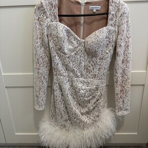 Nadine Merabi Carly Dress White Lace Long-Sleeve Feather-Hem Mini Dress